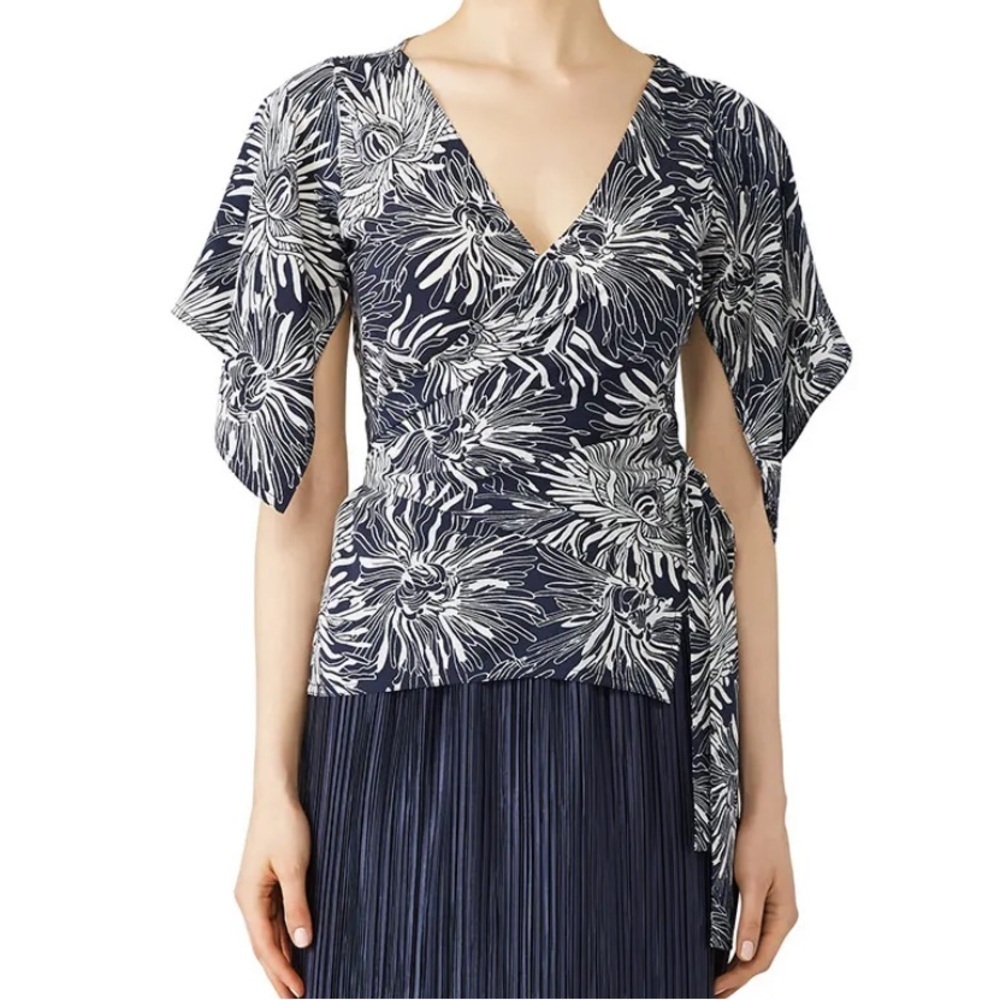 Diane Von Furstenburg Navy and White Floral Wrap Blouse